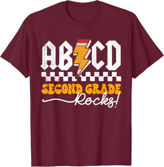 AB CD Second Grade Rocks 2nd Grader Teacher Boys Girls Kids T-Shirt - T-Shirt | Maroon