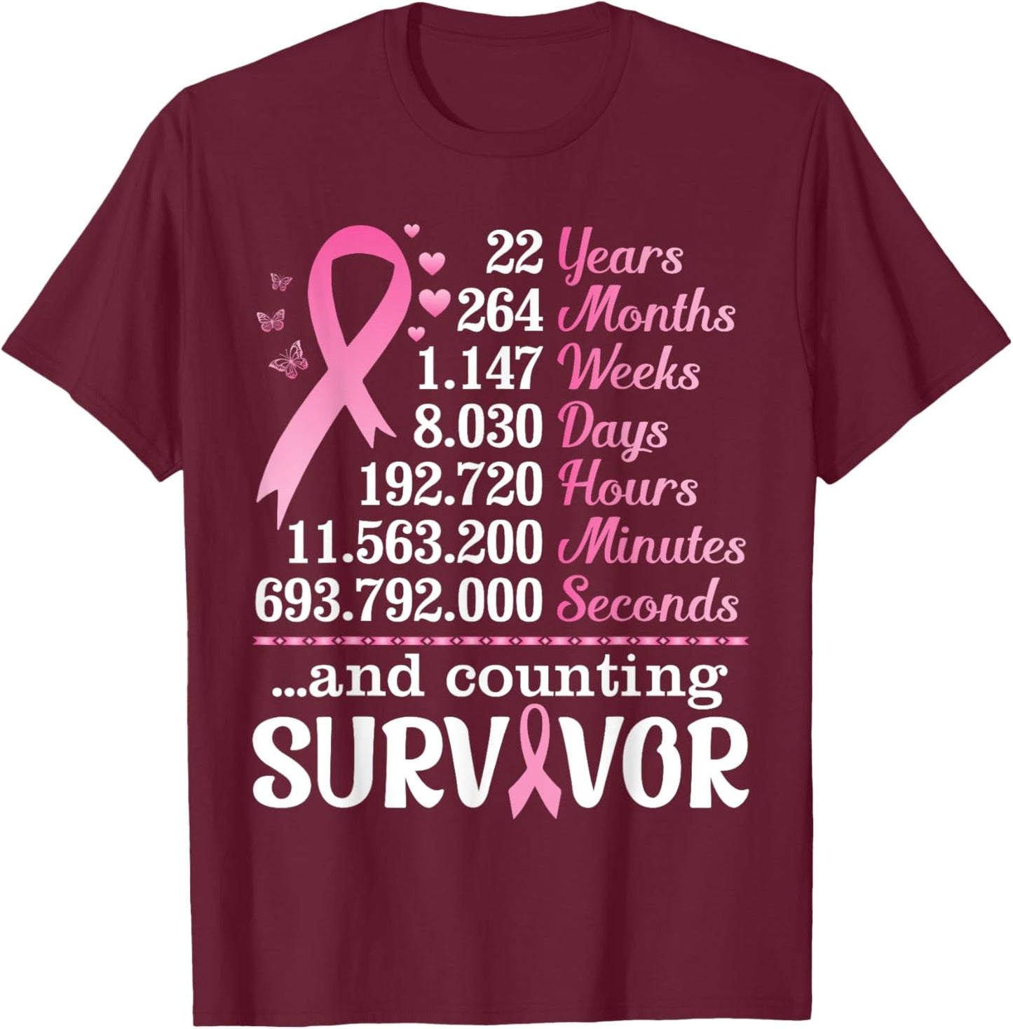 22 Years 264 Months Fighting Breast Cancer Counting Survivor T-Shirt - T-Shirt | Maroon