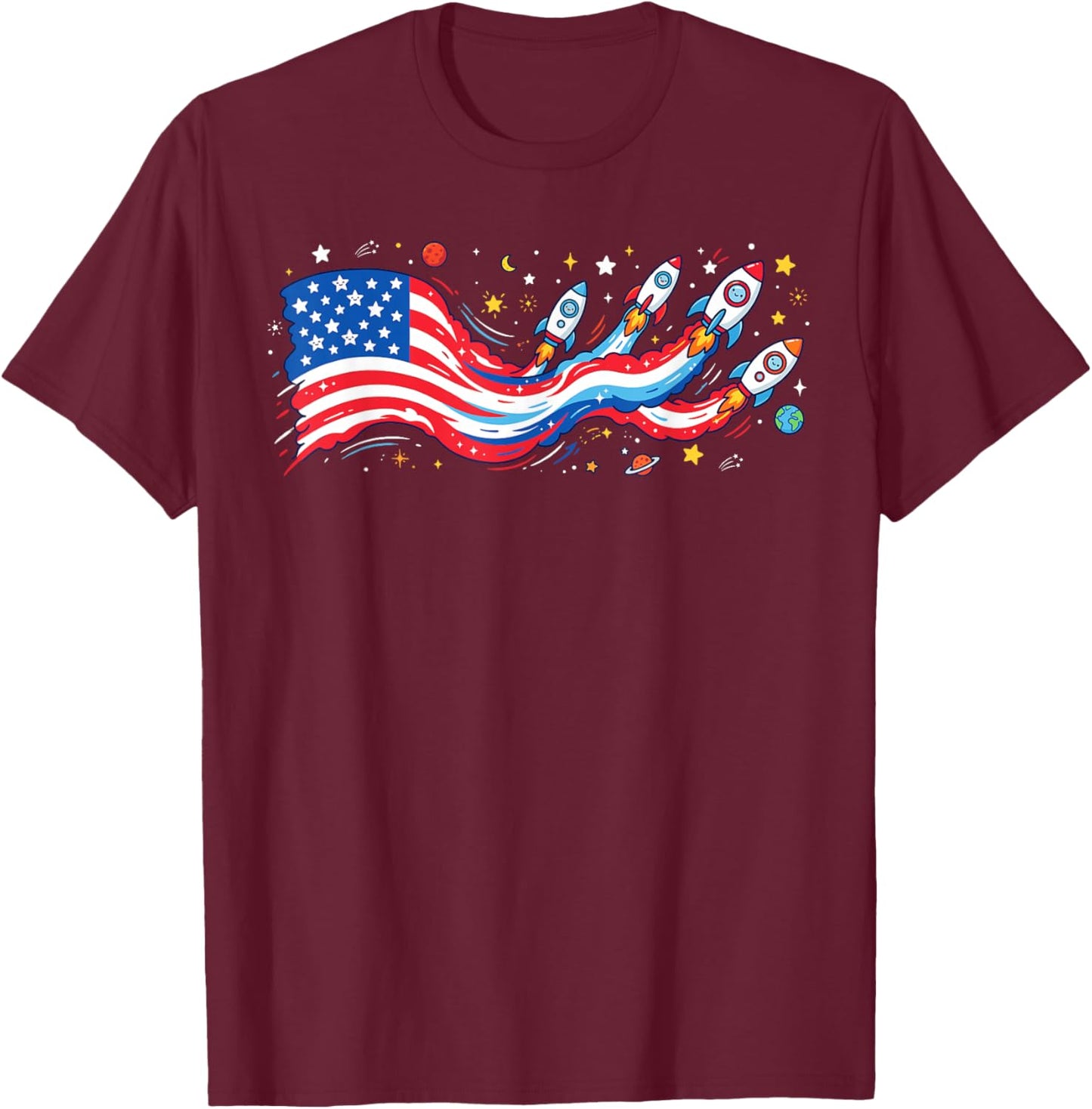 Cute Patriotic Shirts , Space Rocket American Flag T-Shirt - T-Shirt | Maroon