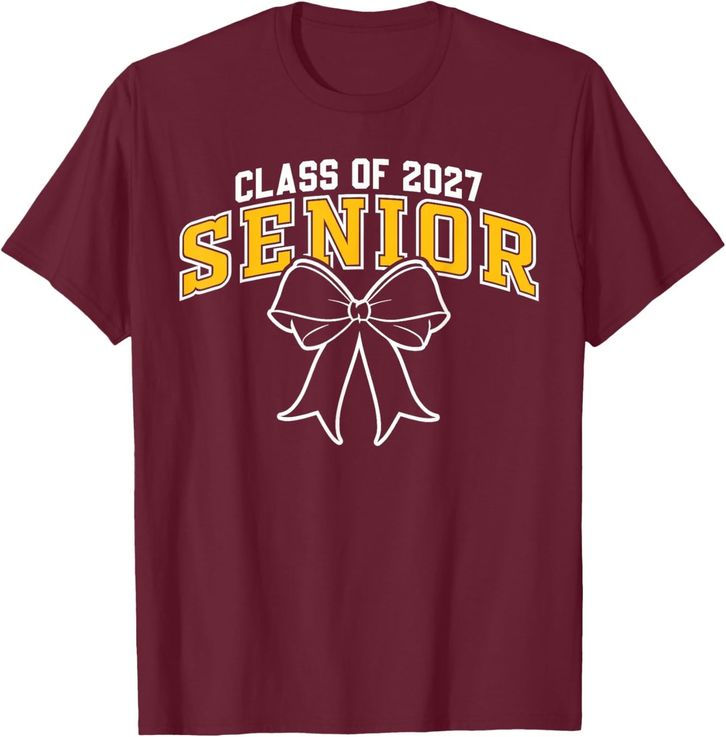Class of 2027 Senior Graduation Black Gold Coquette Bow T-Shirt - T-Shirt | Maroon