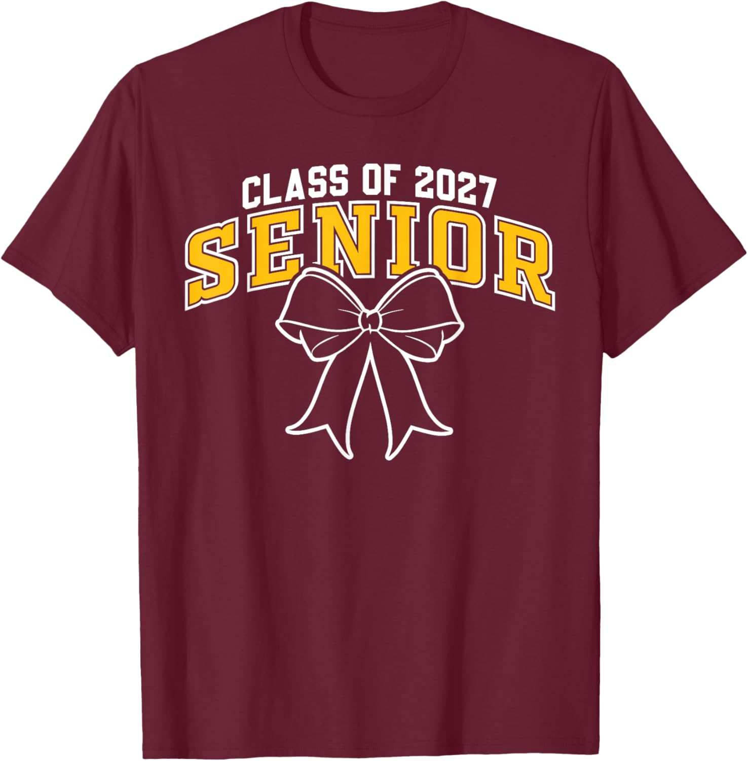 Class of 2027 Senior Graduation Black Gold Coquette Bow T-Shirt - T-Shirt | Maroon