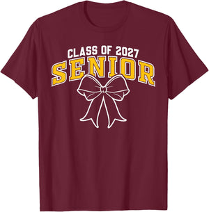 Class of 2027 Senior Graduation Black Gold Coquette Bow T-Shirt - T-Shirt | Maroon