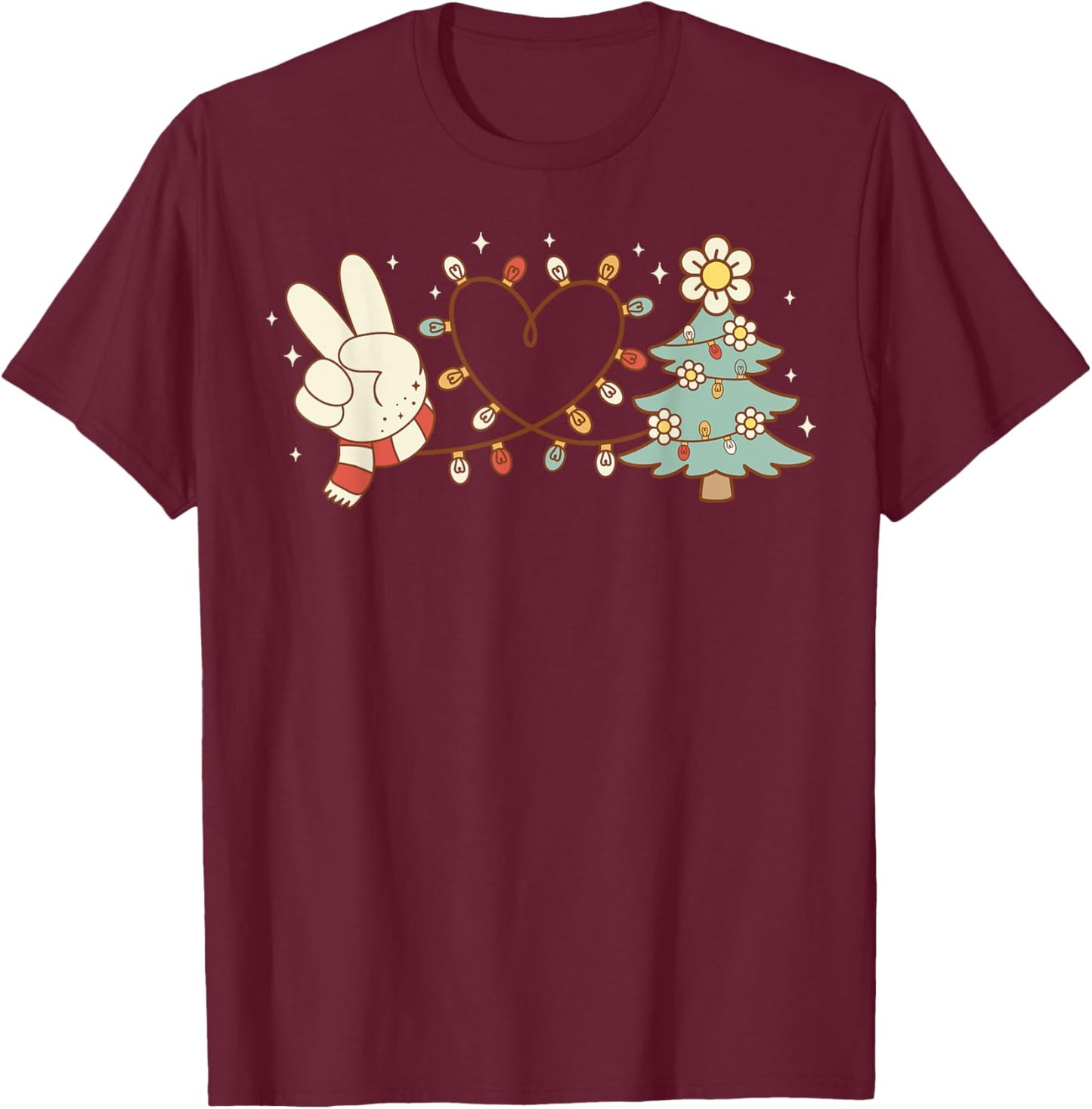 Peace Love Christmas Tree Heart Funny Xmas Holiday Vibes T-Shirt - T-Shirt | Maroon