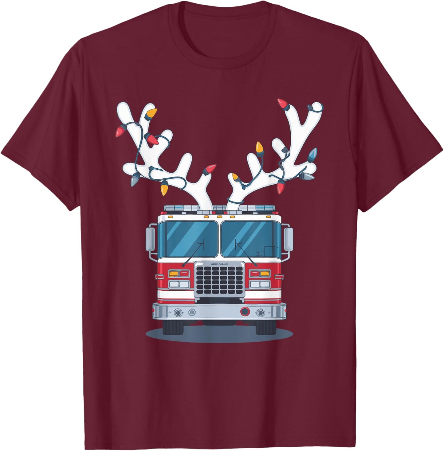 Christmas Firetruck Firefighter Xmas -Adult , Black, Small, Short Sleeve T-Shirt - T-Shirt | Maroon
