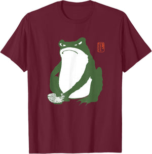 Japanese Grumpy Frog with Matcha Vintage Art Print T-Shirt - T-Shirt | Maroon