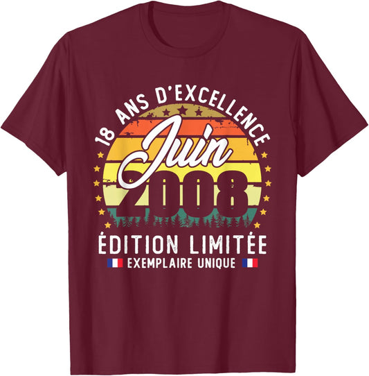 Vintage Juin 2008 Cadeau Anniversaire 18 Ans Garçons Filles T-Shirt - T-Shirt | Maroon
