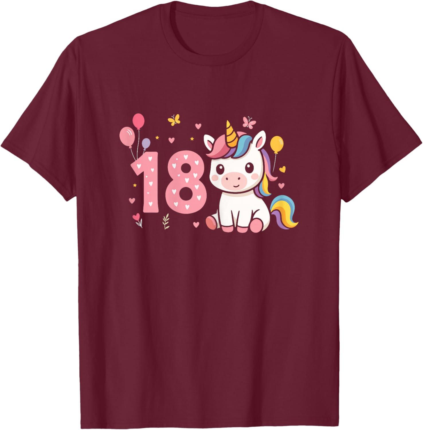 18th Birthday Cute Unicorn Balloon Girl 18 Years Old T-Shirt - T-Shirt | Maroon