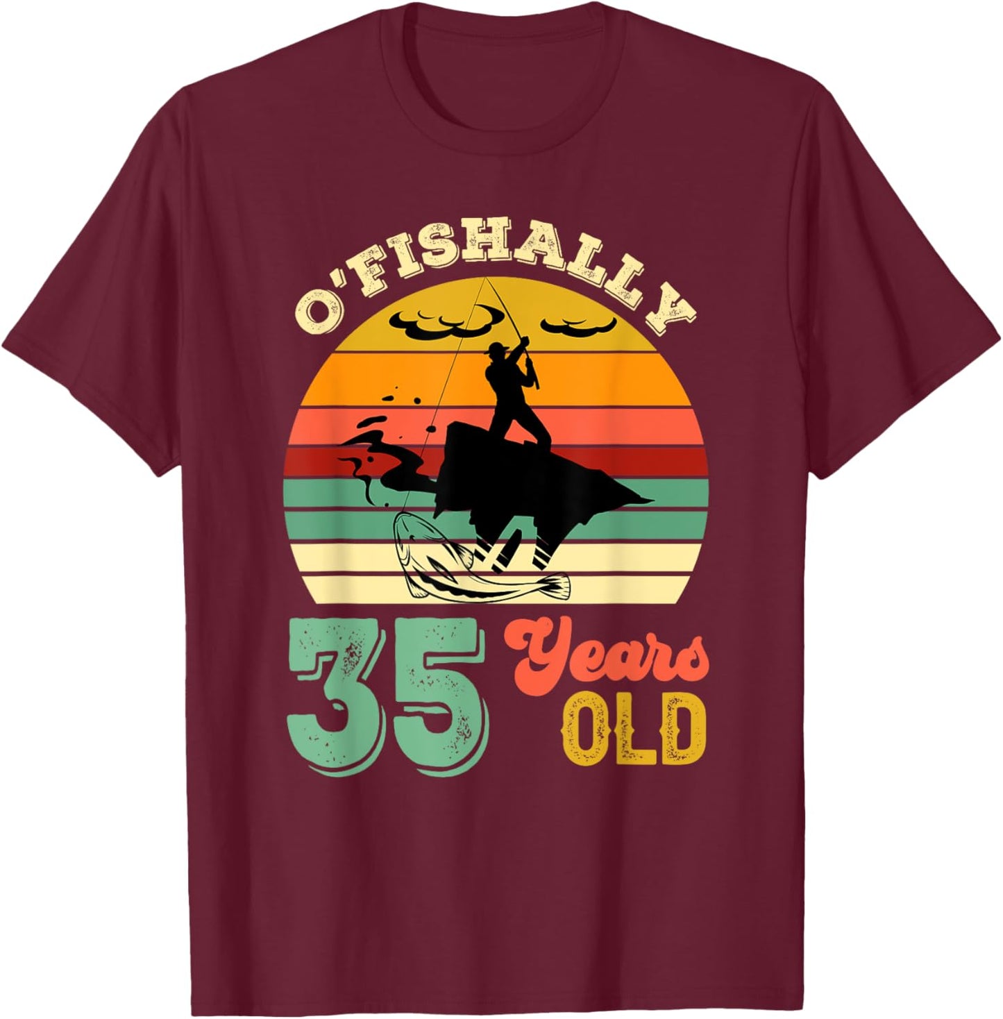 35 Years Old Thirty-Five Grandpa Fish 35th Birthday Fishing T-Shirt - T-Shirt | Maroon