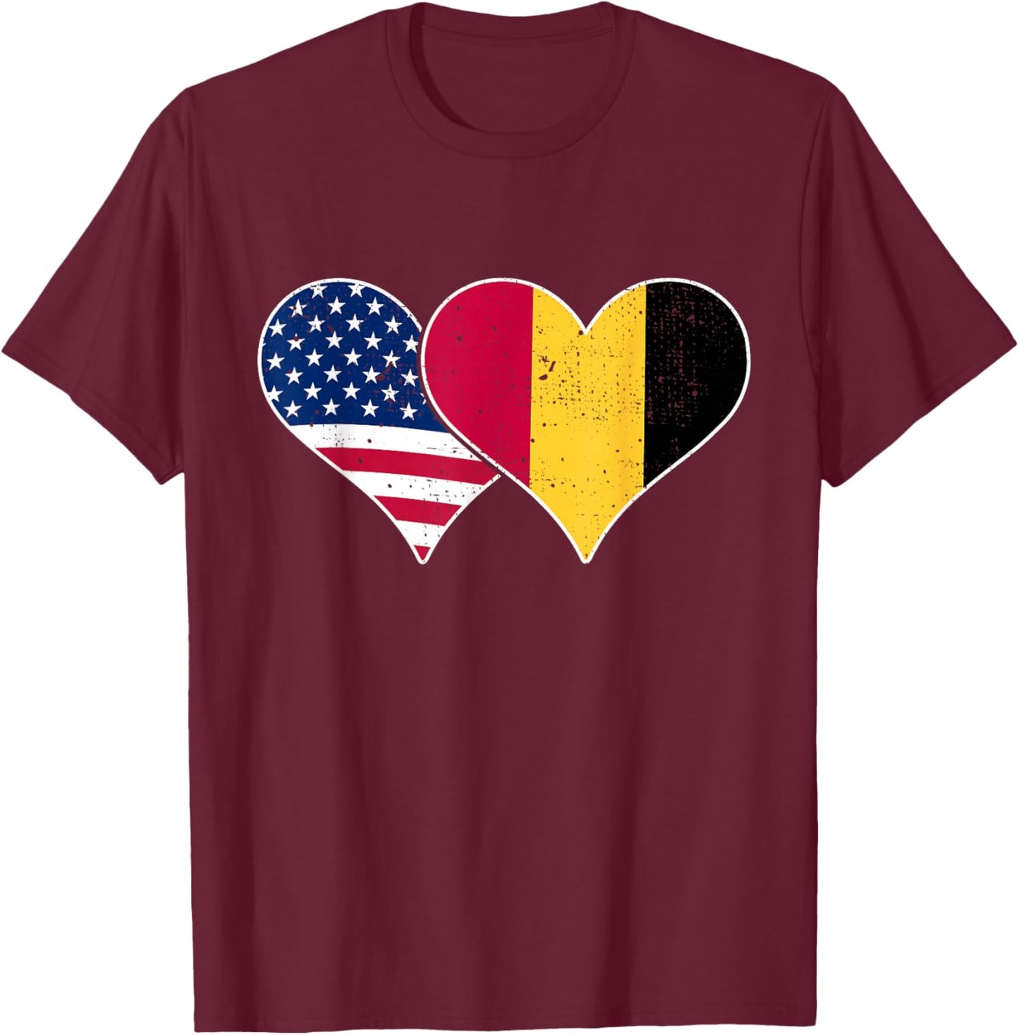 USA and Belgium Flags - American & Belgian Vintage Hearts T-Shirt - T-Shirt | Maroon