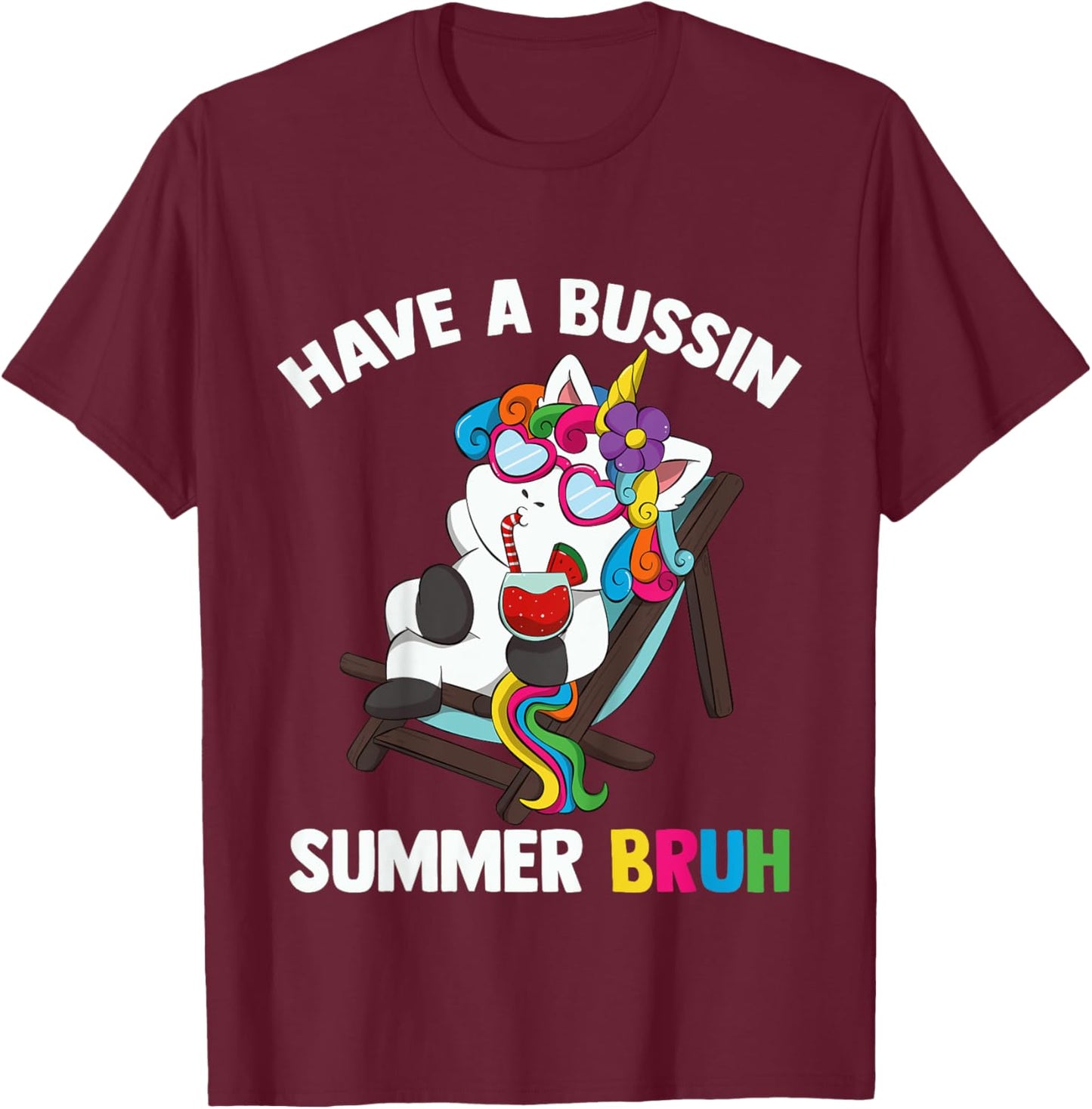 Kids Have A Bussin Summer Bruh Unicorn For Kid Last Day Of School T-Shirt - T-Shirt | Maroon