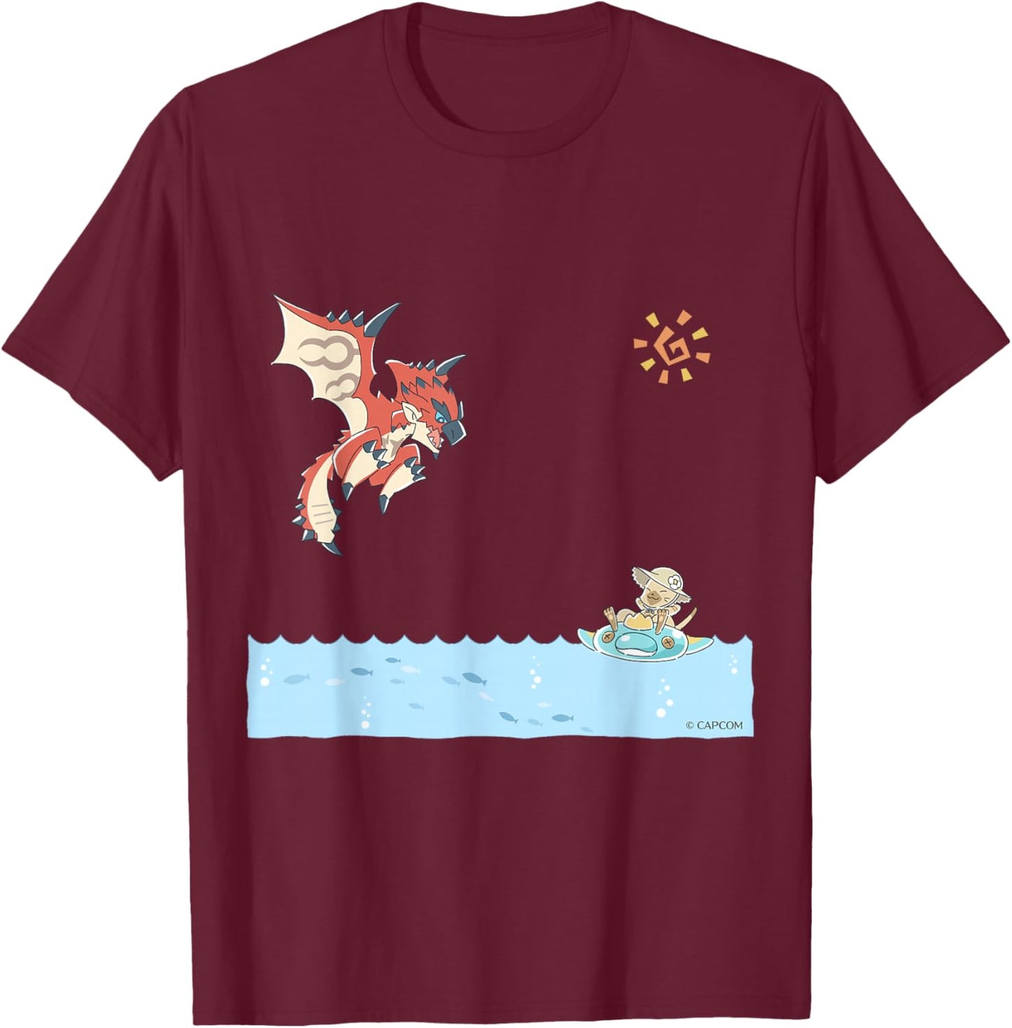 Monster Hunter Rathalos & Swimming Felyne T-Shirt - T-Shirt | Maroon