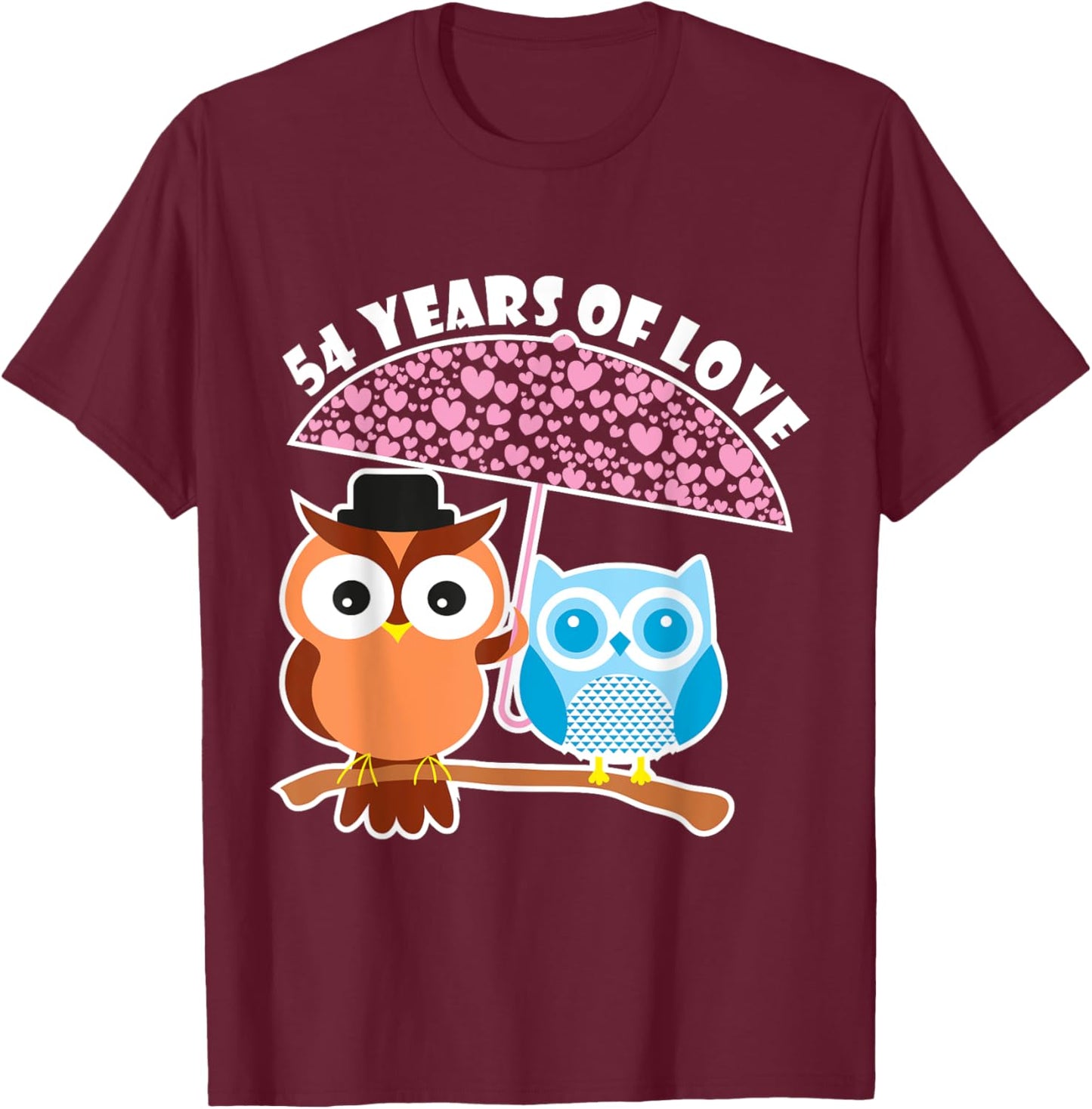 54 Years Of Love - 54th Anniversary Owl Cute Couples T-Shirt - T-Shirt | Maroon