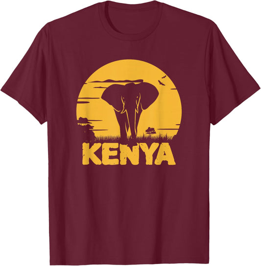 Kenyan Shirt with Retro Vintage Sunset, Elephant Kenya T-Shirt - T-Shirt | Maroon
