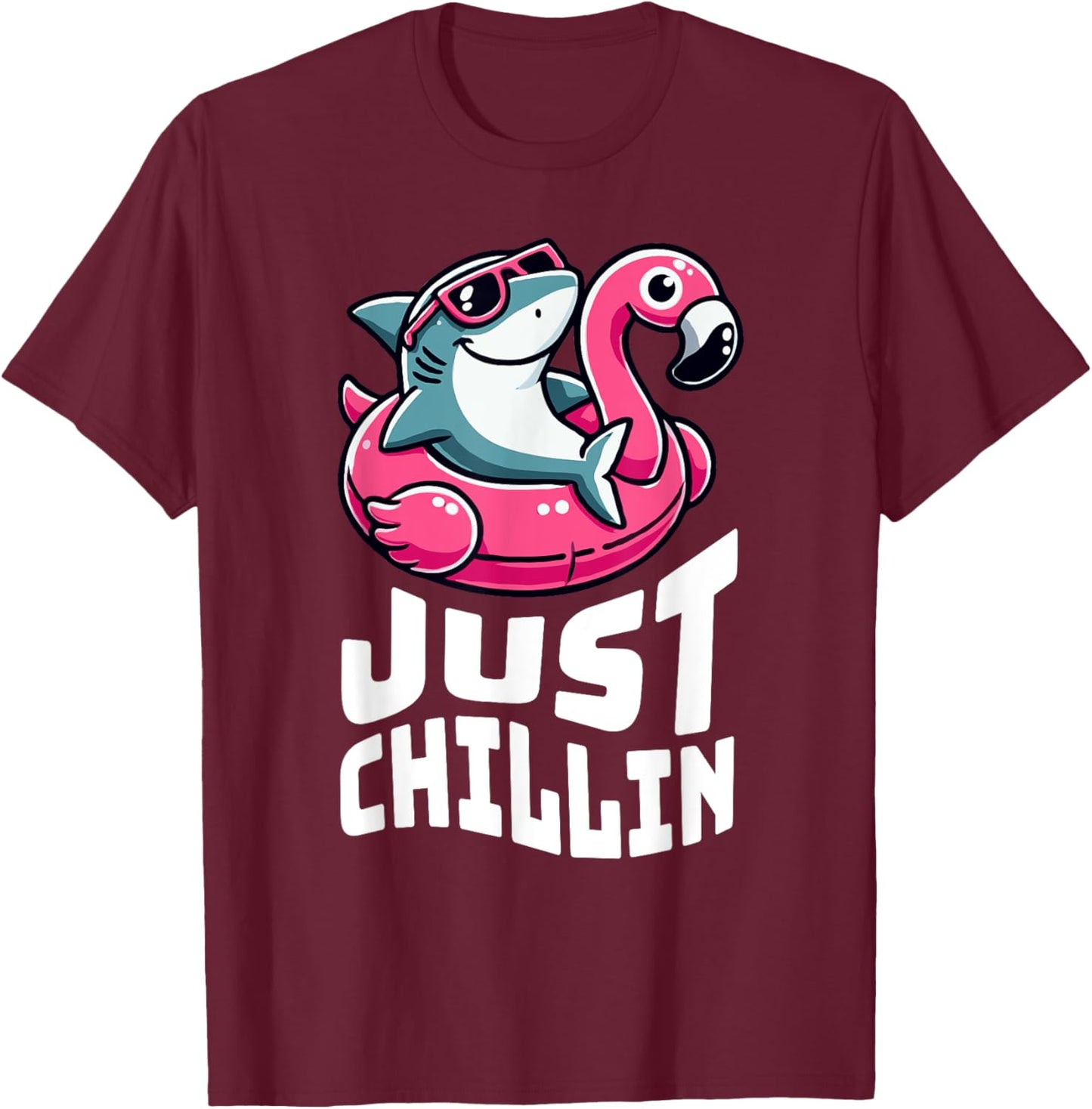 Funny Shark Just Chillin on Flamingo Float T-Shirt - T-Shirt | Maroon