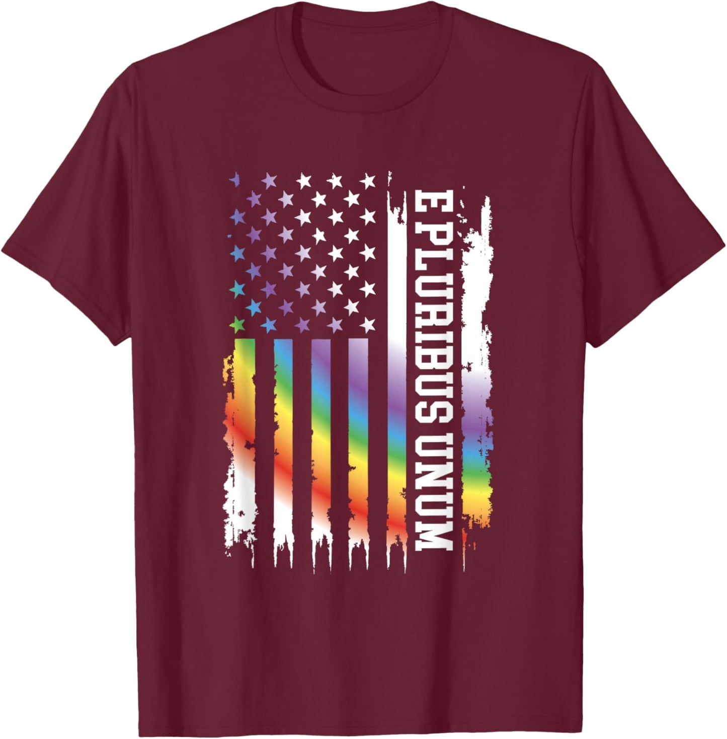 E Pluribus Unum United States Distressed Rainbow w US Flag T-Shirt - T-Shirt | Maroon