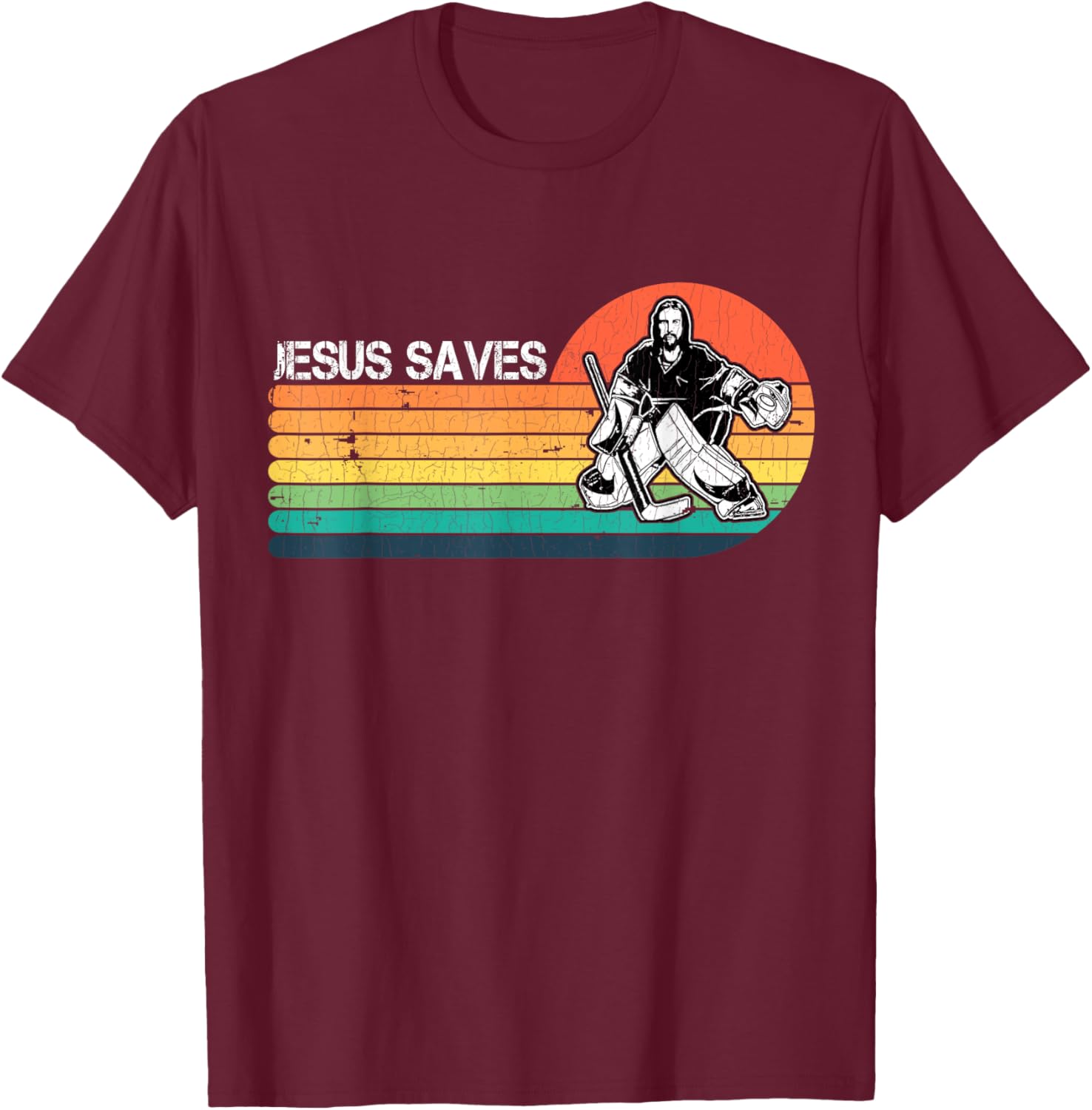 Vintage Retro Sunset Jesus Saves Hockey Player Jesus Lover T-Shirt - T-Shirt | Maroon