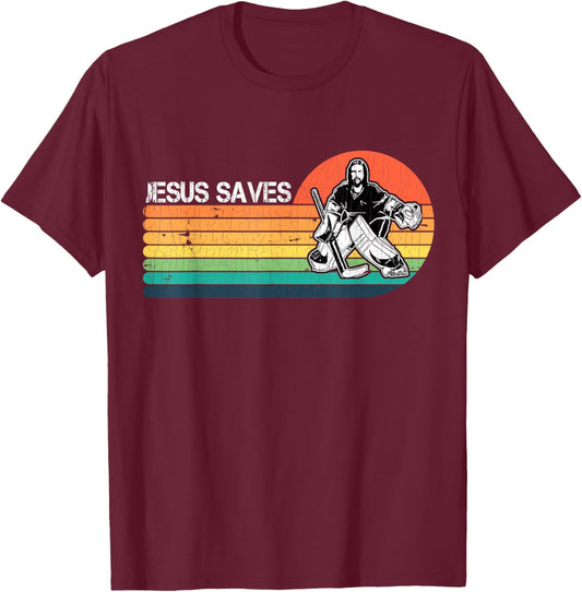 Vintage Retro Sunset Jesus Saves Hockey Player Jesus Lover T-Shirt - T-Shirt | Maroon
