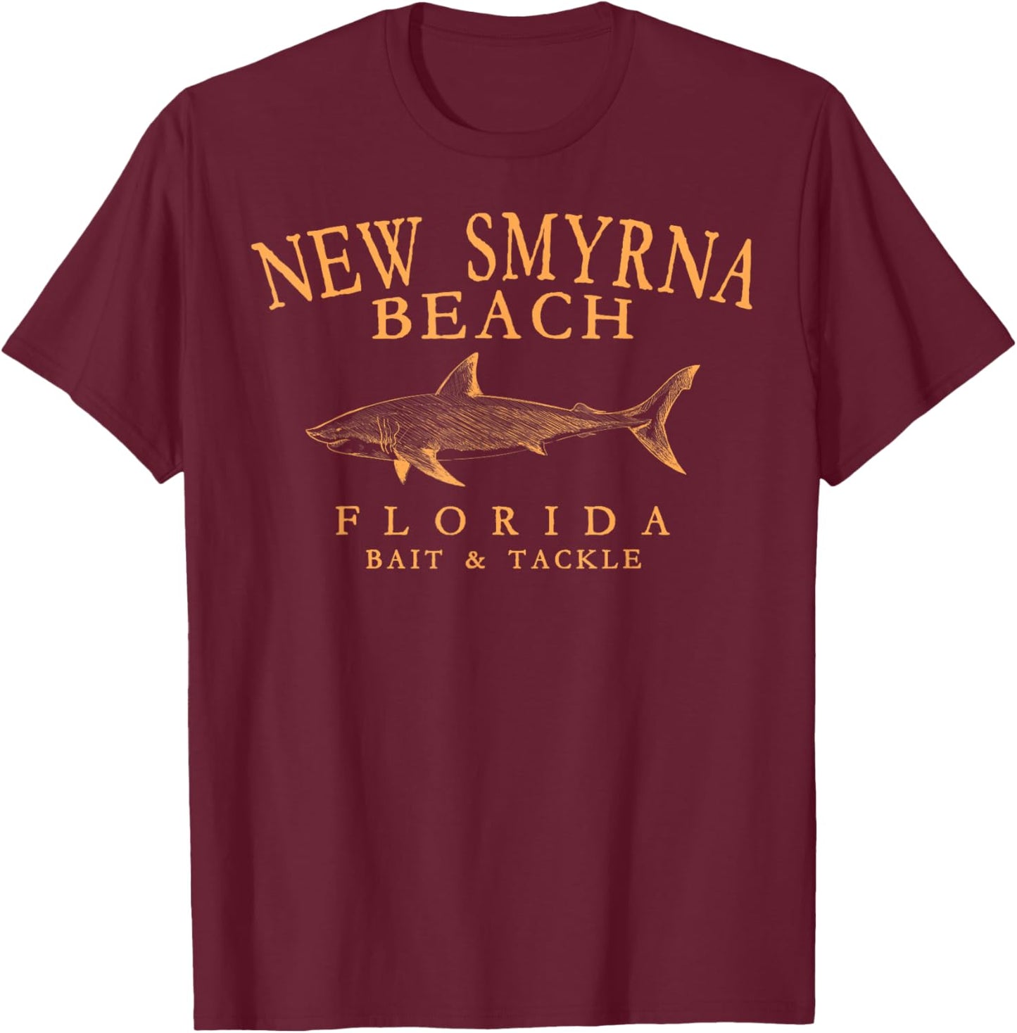 New Smyrna Beach Florida Shark Retro Arched Orange Letters T-Shirt - T-Shirt | Maroon