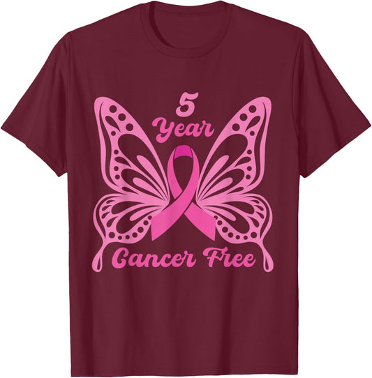 5 Year Cancer Free Breast Cancer Awareness Butterfly Women T-Shirt - T-Shirt | Maroon