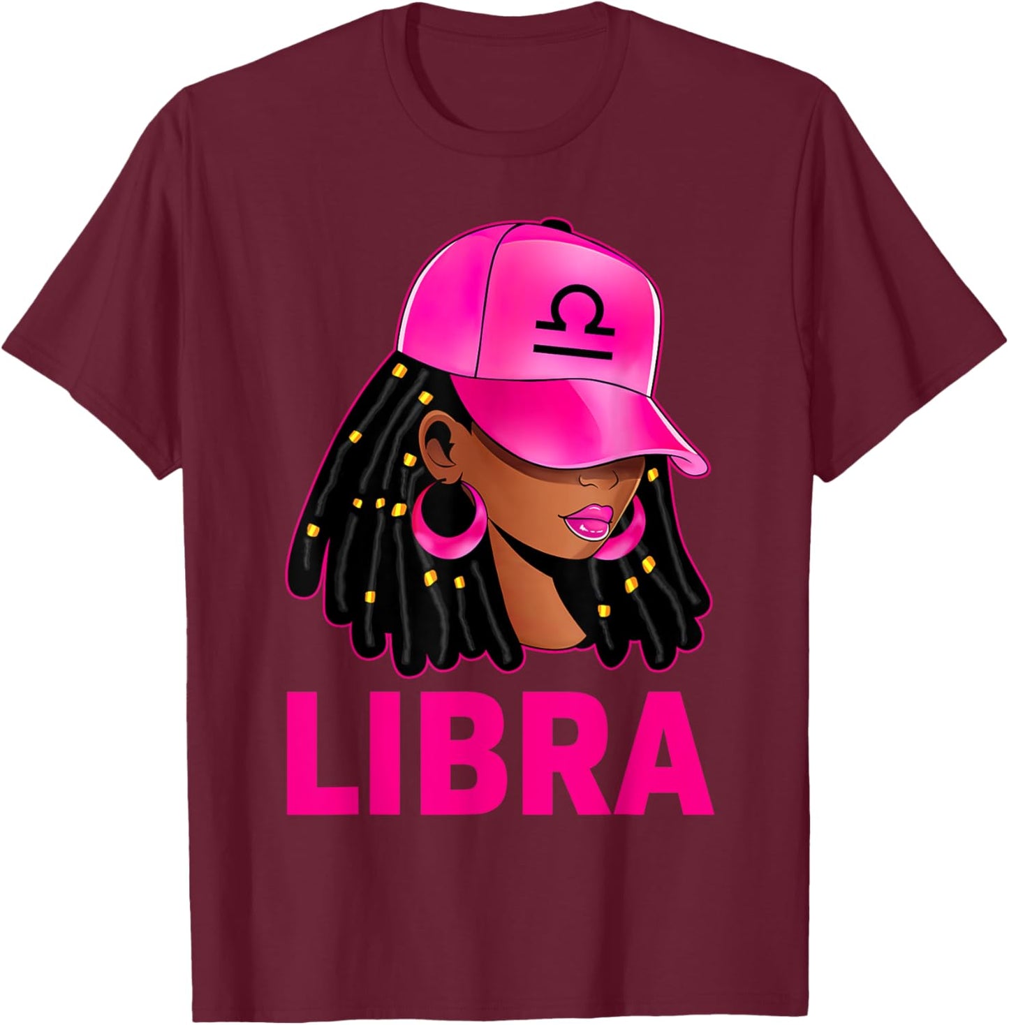 Libra Queen Loc'd Hair Black Woman Cap Zodiac Sign T-Shirt - T-Shirt | Maroon
