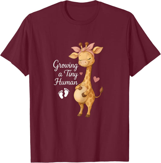 Growing A Tiny Human Cute Giraffe Pregnancy Announcement T-Shirt - T-Shirt | Maroon