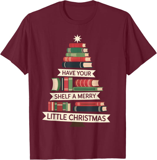 Funny Book Merry Little Christmas Tree Holiday Design T-Shirt - T-Shirt | Maroon