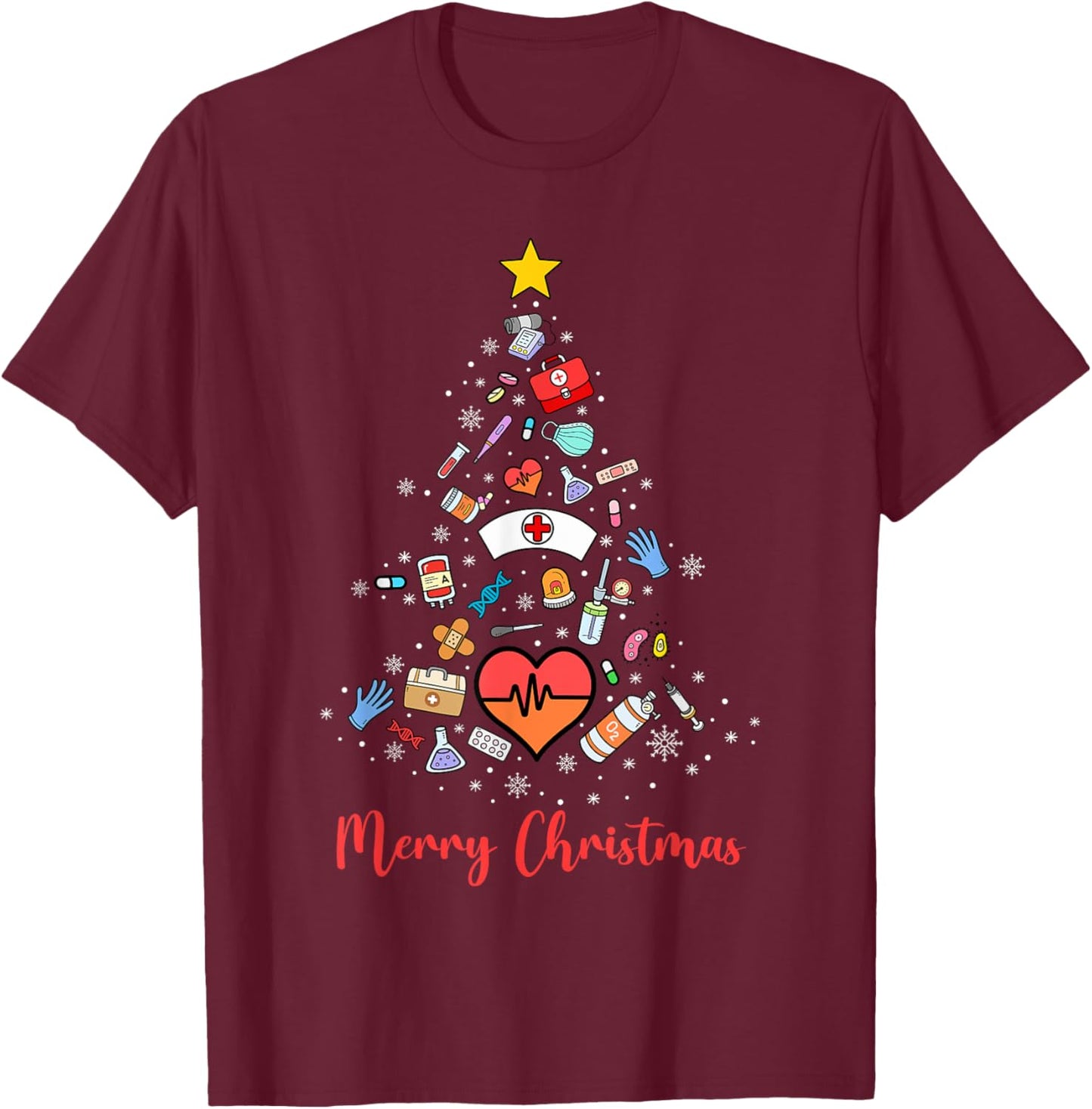Stethoscope Christmas Tree Nurse Nursing Scrub Top Xmas T-Shirt - T-Shirt | Maroon