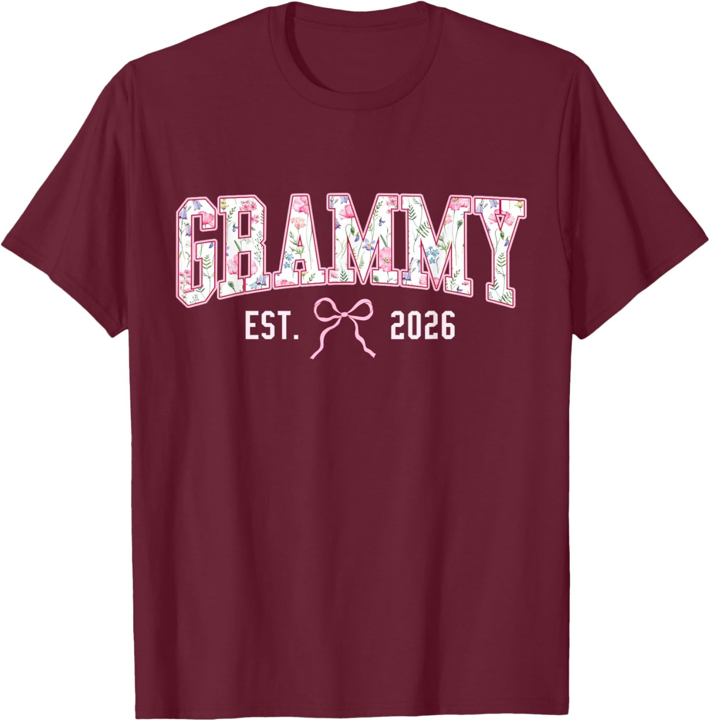 Mothers Day Grammy Est 2026 Coquette Bow Floral Women T-Shirt - T-Shirt | Maroon