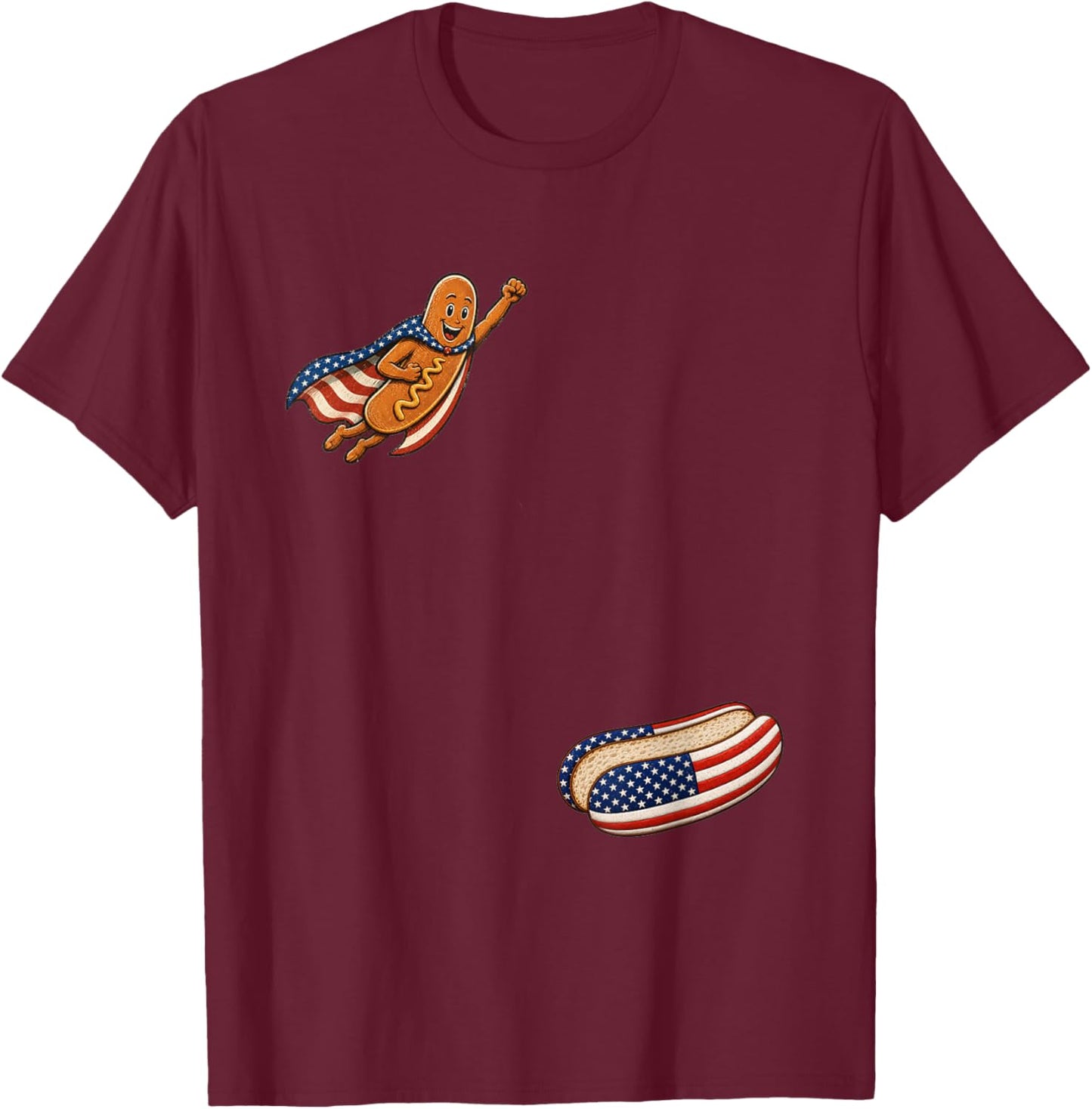 Funny 4th of July Patriotic Hot-Dog BBQ Flying into Bun 250 T-Shirt - T-Shirt | Maroon