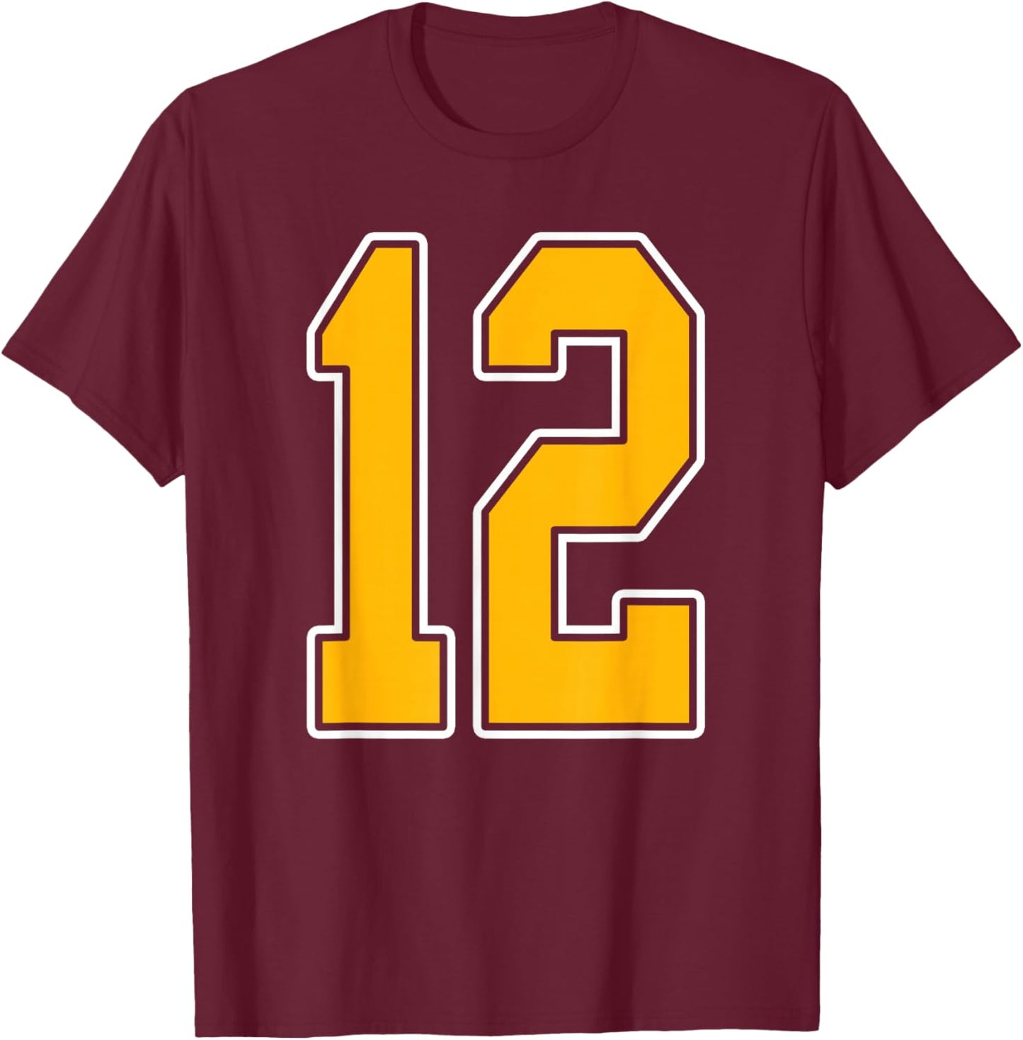 Gold and White Sports Number 12 Jersey Uniform Player T-Shirt - T-Shirt | Maroon