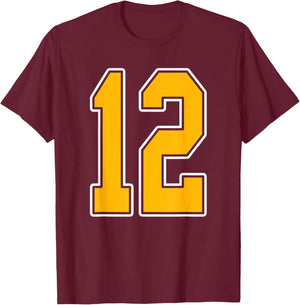 Gold and White Sports Number 12 Jersey Uniform Player T-Shirt - T-Shirt | Maroon
