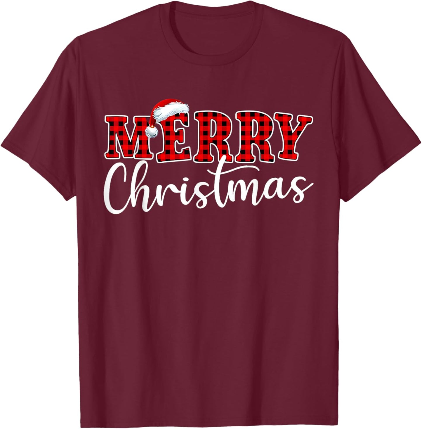 Merry Christmas Buffalo Plaid Red Santa Hat Xmas Pajamas T-Shirt - T-Shirt | Maroon