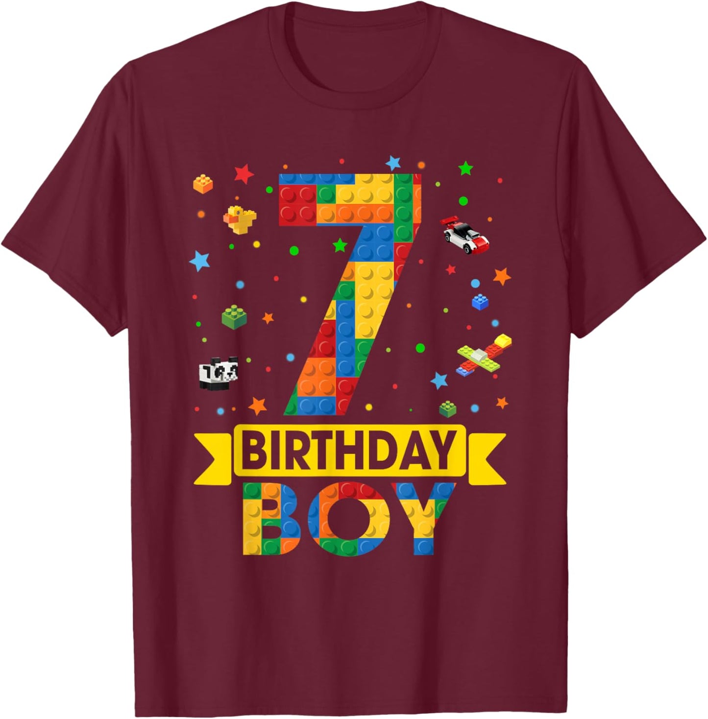 Kids Funny 7 Year Old Building Blocks 7th Birthday Boy T-Shirt - T-Shirt | Maroon