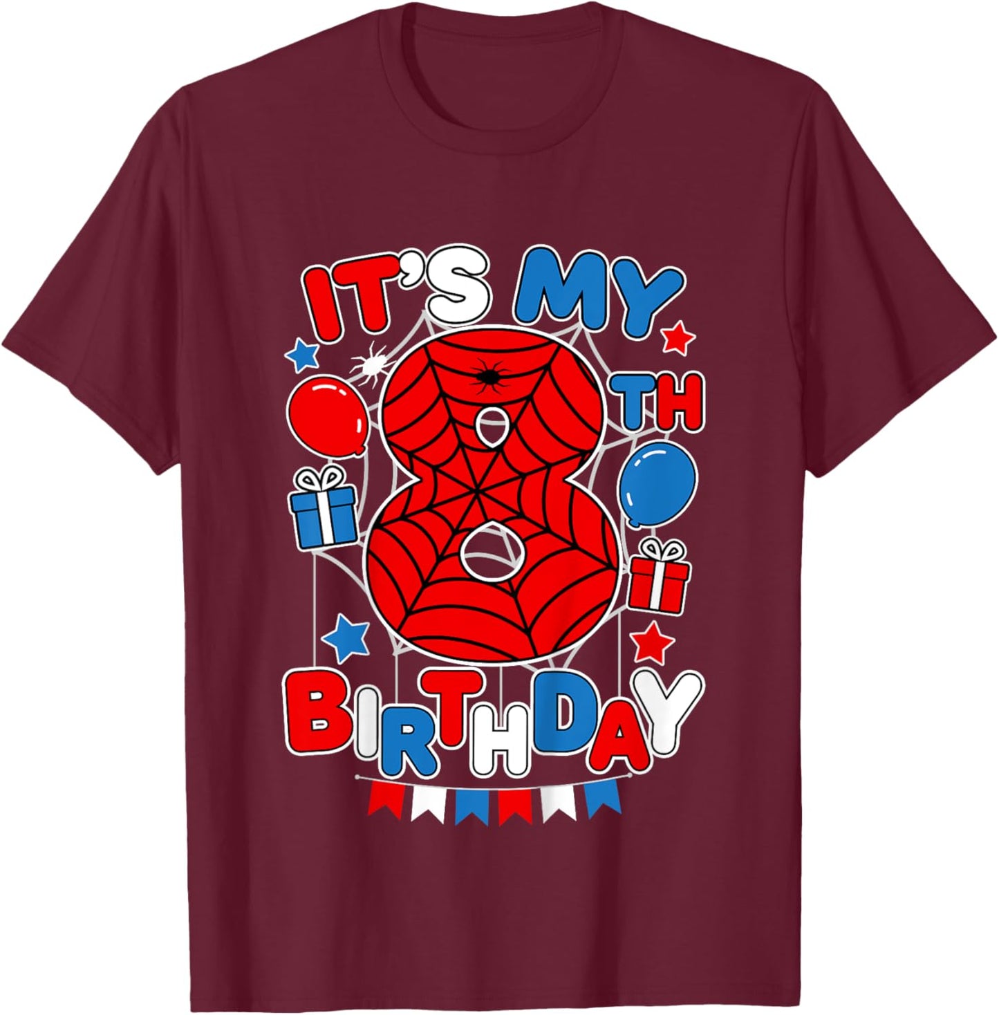 Kids It's My 8th Birthday Spider Theme Party 8 Year Old Boys Kids T-Shirt - T-Shirt | Maroon