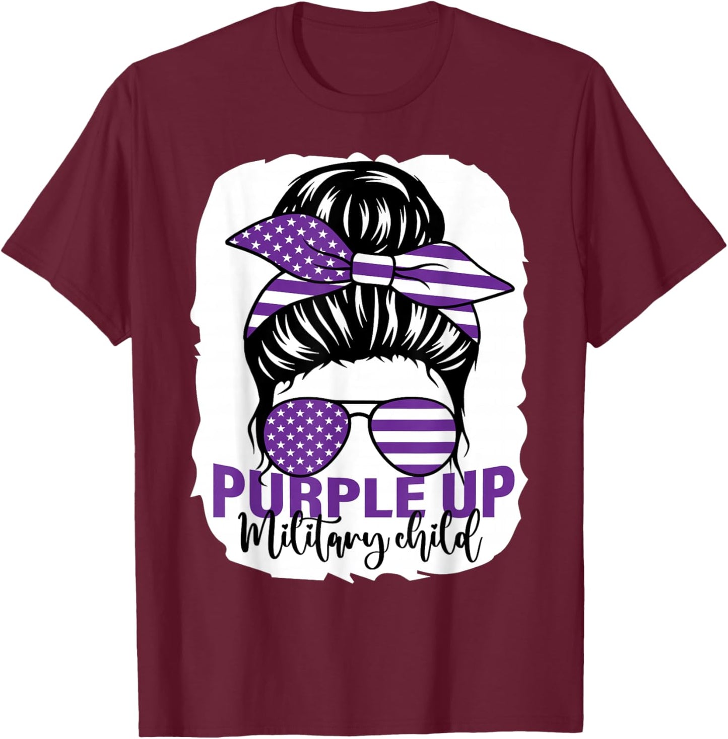 Purple Up For Military Kids Messy Bun Military Child T-Shirt - T-Shirt | Maroon