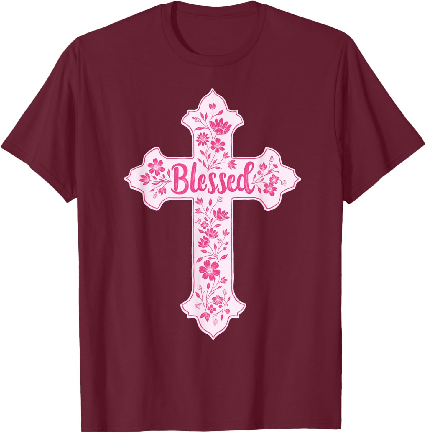 Christian Faith Cross Pink Toile Chinoiserie Floral T-Shirt - T-Shirt | Maroon