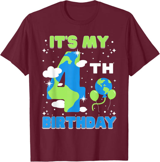 It's My 4th Birthday Earth Day 4 Years Old Kids Girls Boys T-Shirt - T-Shirt | Maroon