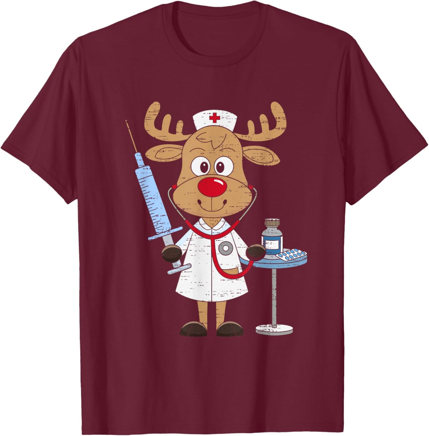 Reindeer Nurse Scrub Tops Christmas Stethoscope Nursing Xmas T-Shirt - T-Shirt | Maroon