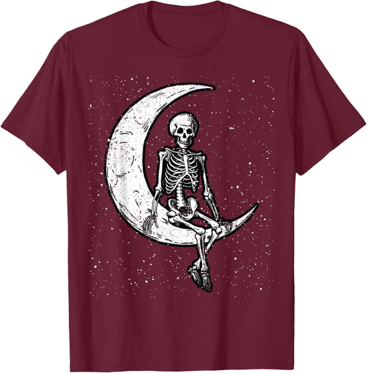 Skeleton Sitting On Moon Halloween Spooky Bones Goth Gothic T-Shirt - T-Shirt | Maroon