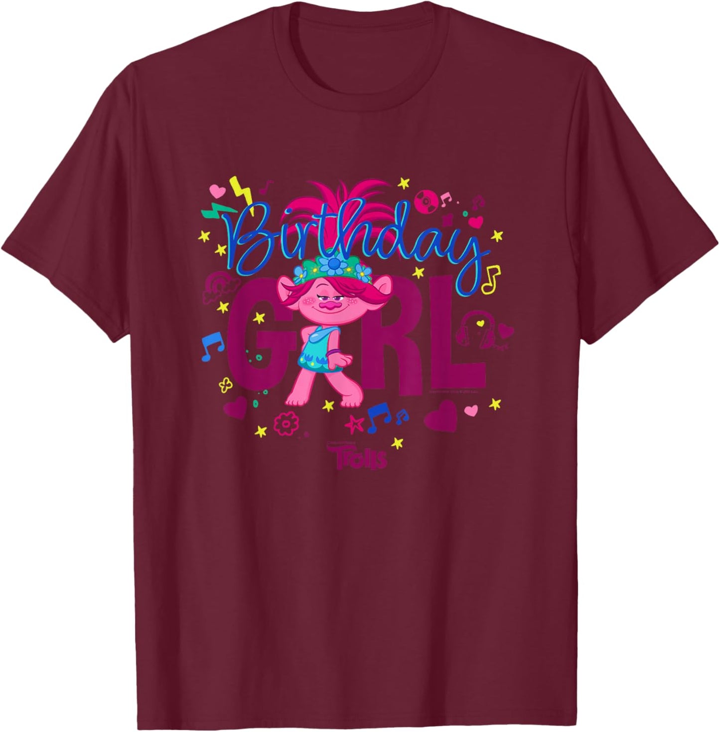 Trolls Cute Sassy Poppy Birthday Girl Big Chest Logo T-Shirt - T-Shirt | Maroon