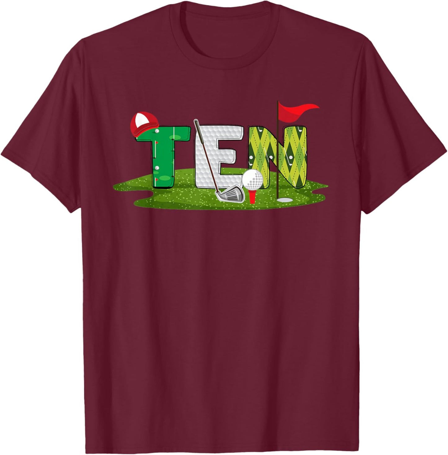 10th Birthday Golf Theme 10 Year Old Kids Sport Party T-Shirt - T-Shirt | Maroon