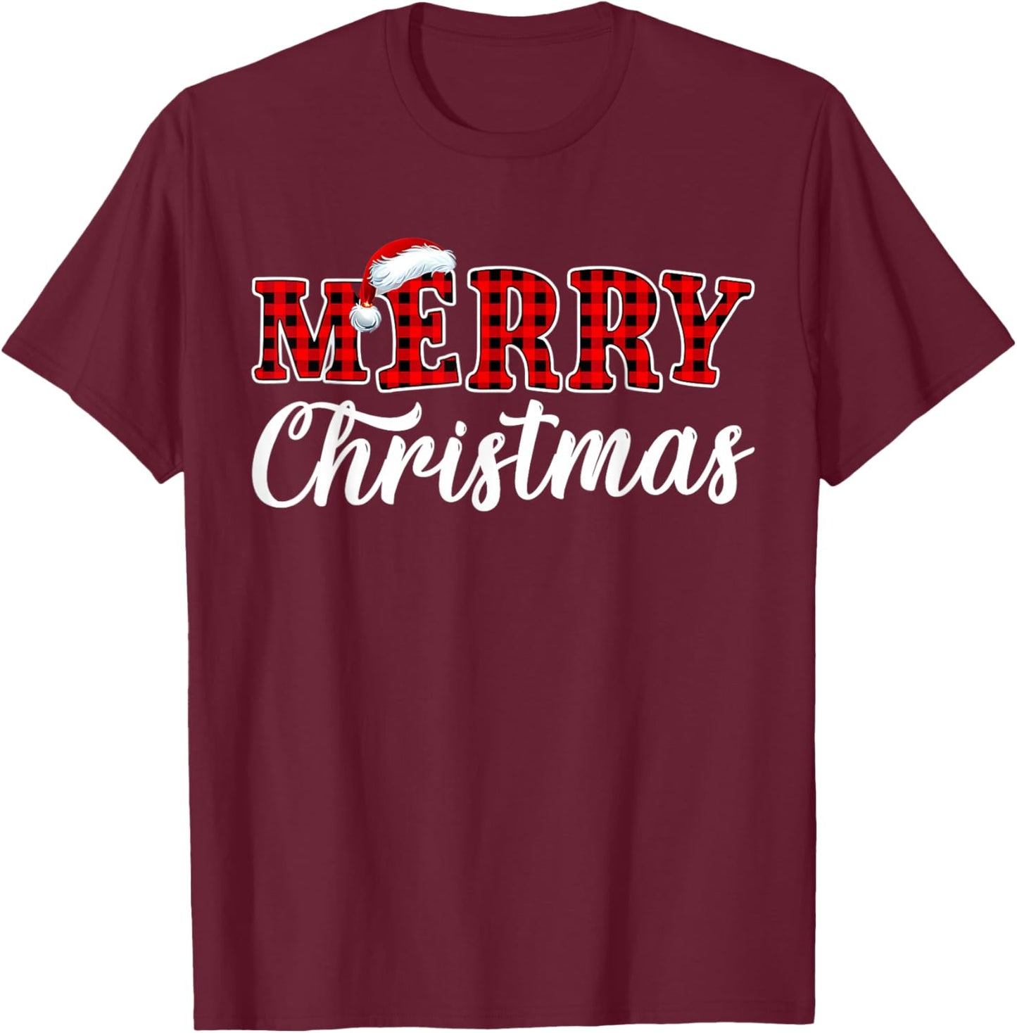 Merry Christmas Buffalo Plaid Red Santa Family Matching Xmas T-Shirt - T-Shirt | Maroon