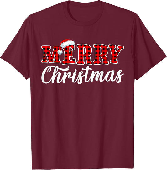 Merry Christmas Buffalo Plaid Red Santa Family Matching Xmas T-Shirt - T-Shirt | Maroon