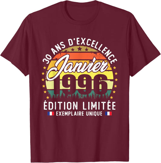 Vintage January 1996 30th Birthday Gift T-Shirt - T-Shirt | Maroon