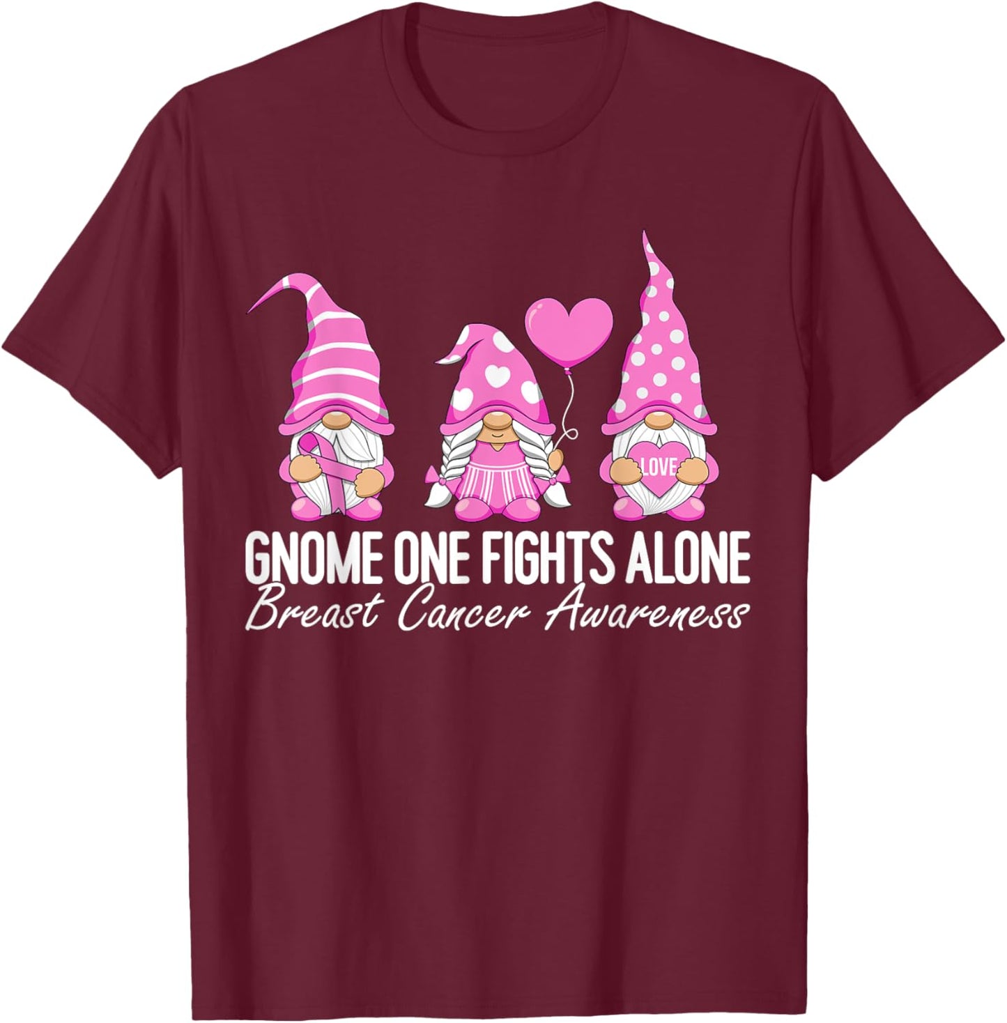 Breast Cancer Awareness Gnomes I Wear Pink Ribbon Support T-Shirt - T-Shirt | Maroon