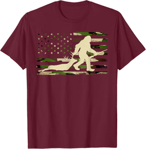 Bigfoot Deer Hunting Flag US Camouflage Sasquatch Hunting T-Shirt - T-Shirt | Maroon