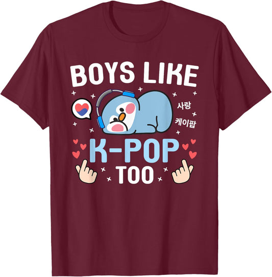 Boys Like K-Pop Too Cute Kawaii Penguin Korean Music K-Pop T-Shirt - T-Shirt | Maroon