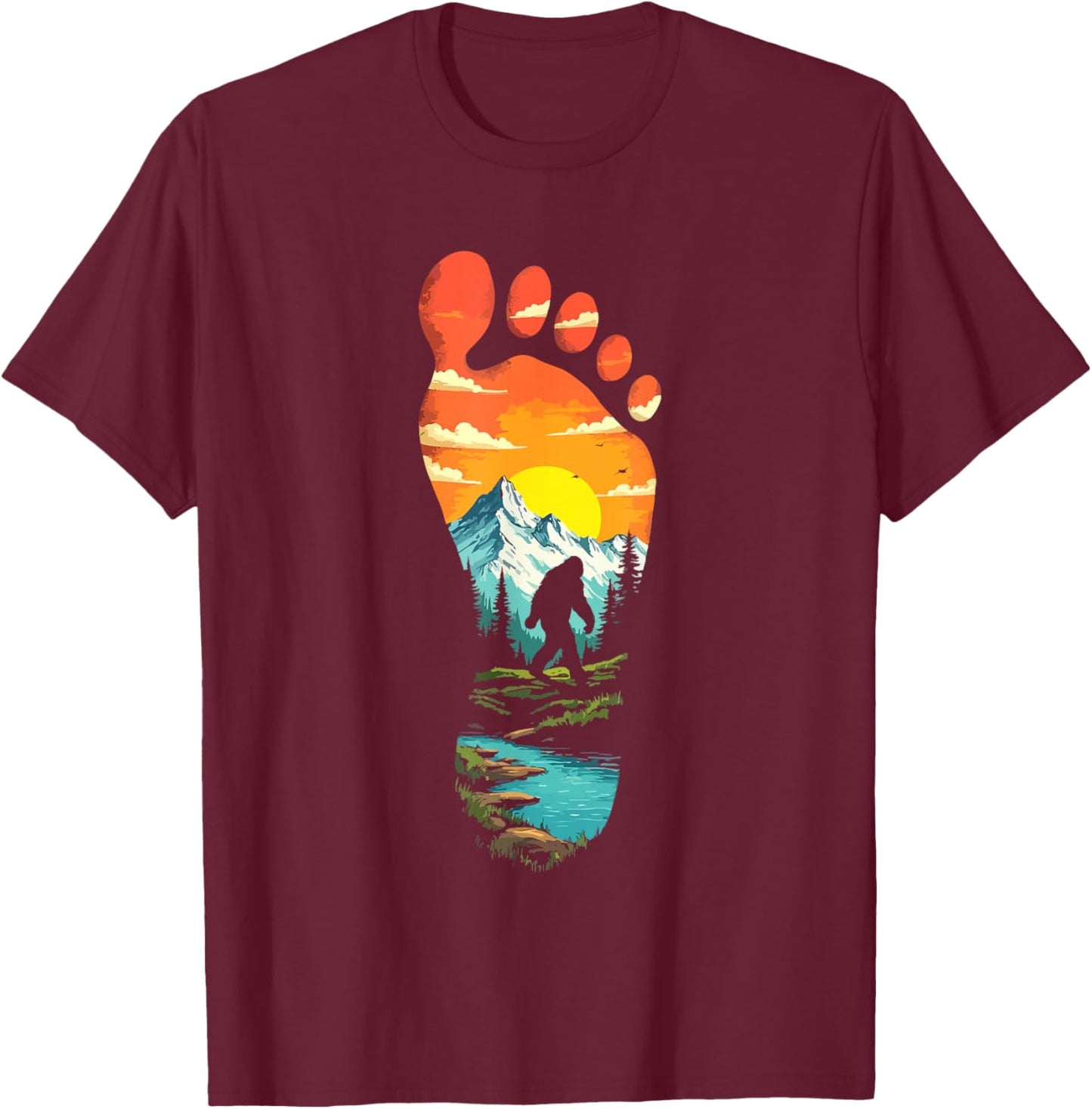 Bigfoot Footprint Mountains Cryptid & Landscape Sasquatch T-Shirt - T-Shirt | Maroon