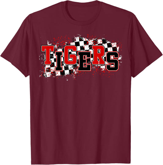 Tigers School Spirit Tiger Pride Red Black Tigers Checkered T-Shirt - T-Shirt | Maroon