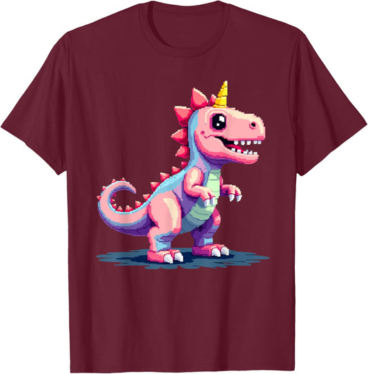 Retro 8-Bit Pixel Art Vintage Gamer Cute Dinocorn Girls T-Shirt - T-Shirt | Maroon